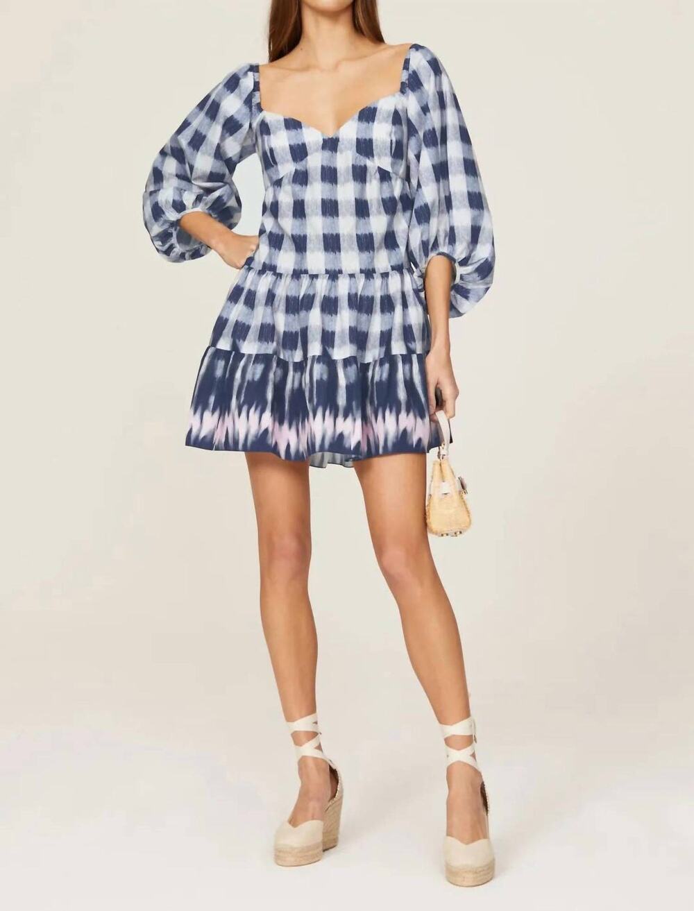 Sachin Babi Kyle Gingham Mini Dress Indigo Check Bow Back Cotton Size S/M